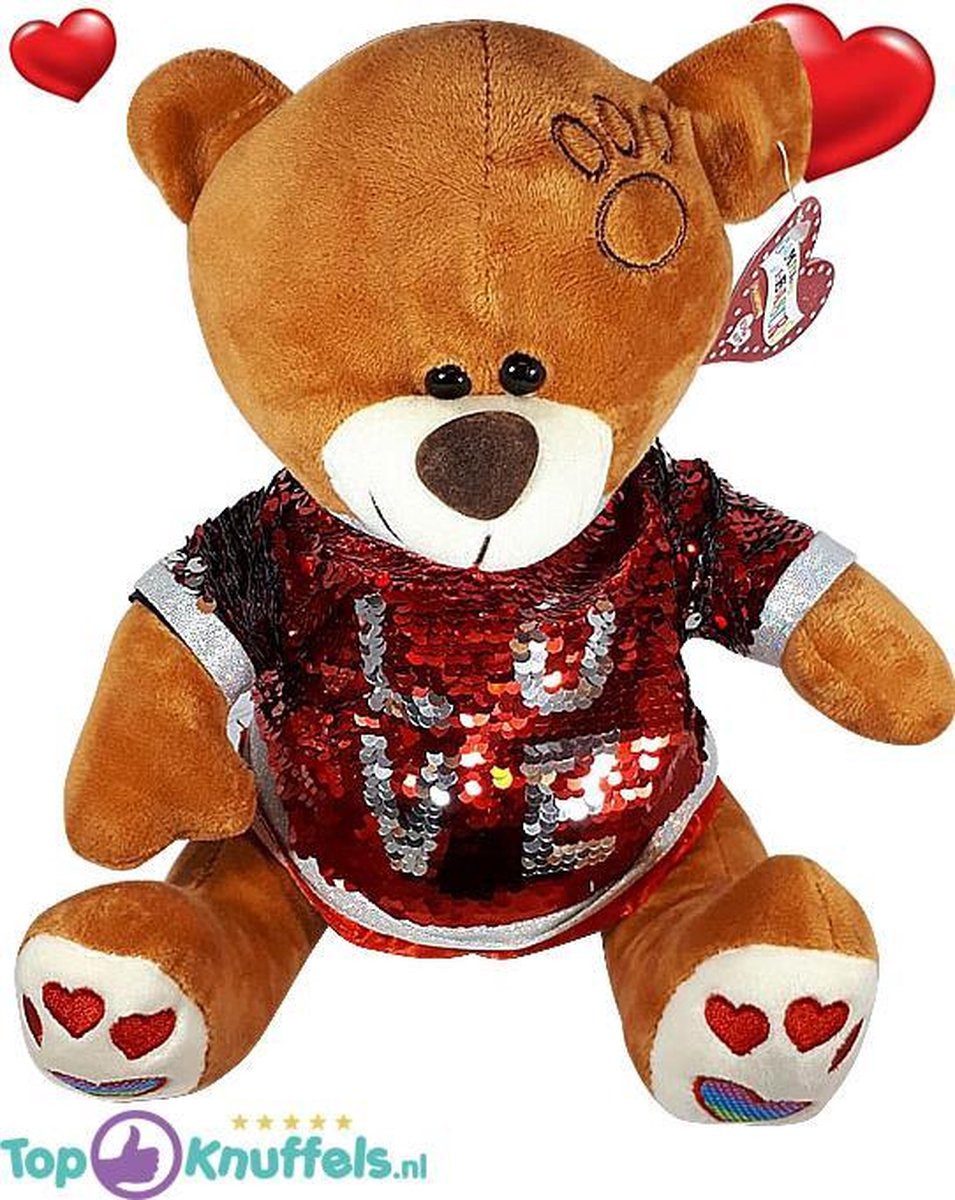 Bruine Teddybeer met rood glitter shirtje LOVE 32 cm | knuffelbeer pluche knuffel love beer | Ik Hou Van Jou / I Love You bear | Beertje met hart liefde | Baby plush beer met hartje 32cm